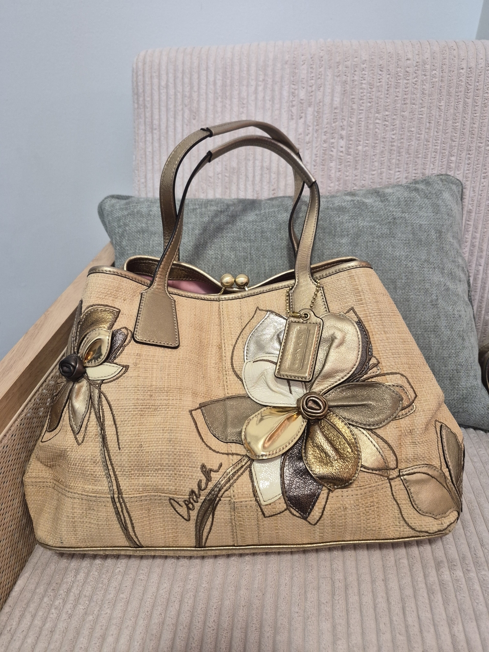 Coach Hamptons Archive 10th Anniversary Straw + Leather Floral Tote